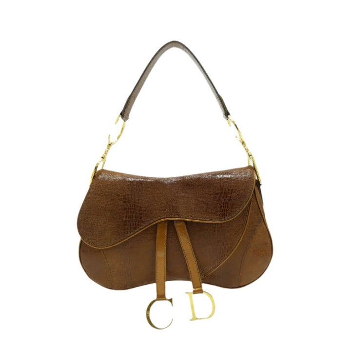 Christian Dior Lizard Embossed Brown Leather Double Saddle Bag