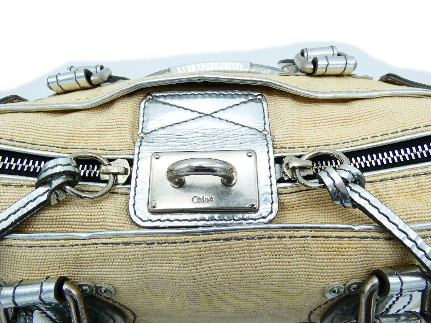 Chloe Silver Leather and Cream Linen Large Paddington Bag Chloe