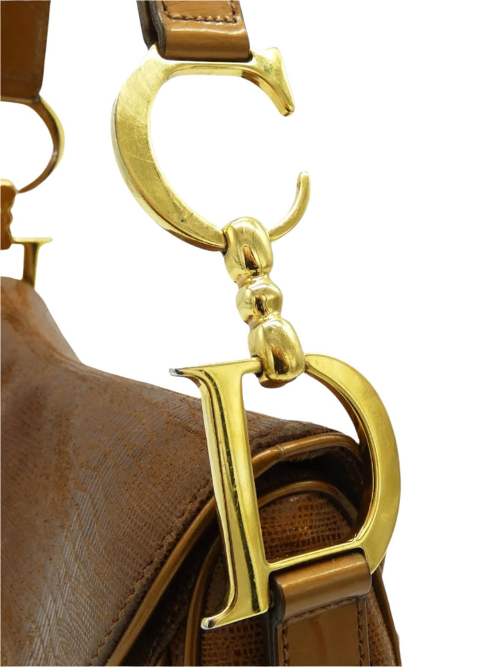 Christian Dior Lizard Embossed Brown Leather Double Saddle Bag