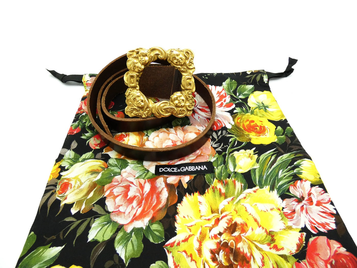 Dolce & Gabbana Brown Leather Gold Cherub Buckle Belt Belt Dolce & Gabbana