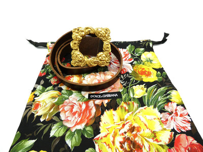 Dolce & Gabbana Brown Leather Gold Cherub Buckle Belt Belt Dolce & Gabbana