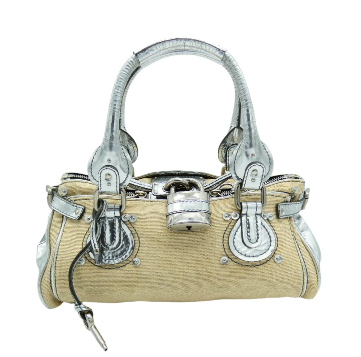 Chloe Silver Leather and Cream Linen Large Paddington Bag Chloe