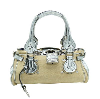 Chloe Silver Leather and Cream Linen Large Paddington Bag Chloe
