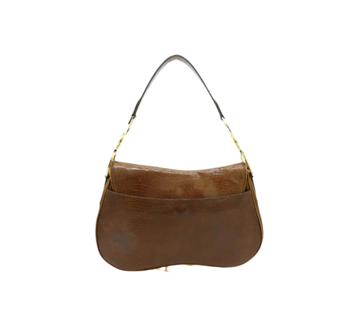 Christian Dior Lizard Embossed Brown Leather Double Saddle Bag