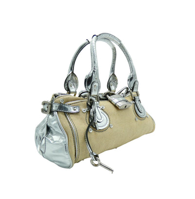 Chloe Silver Leather and Cream Linen Large Paddington Bag Chloe