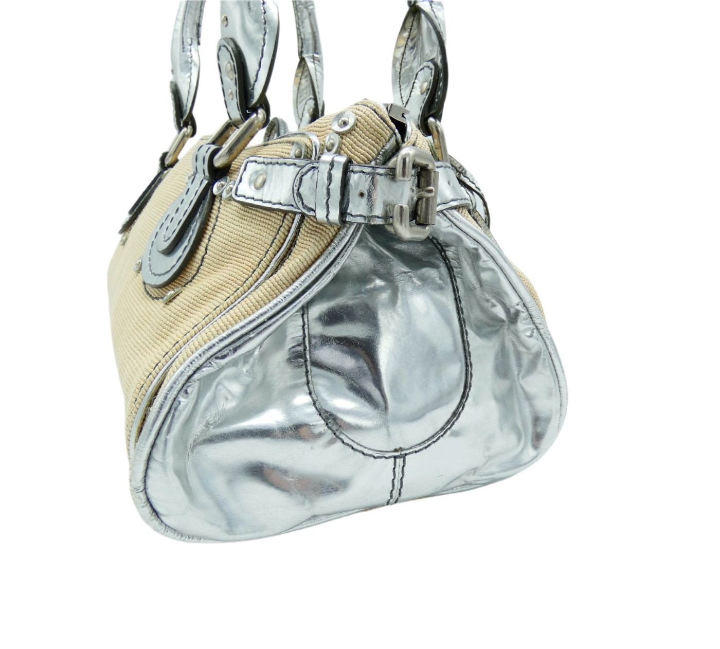 Chloe Silver Leather and Cream Linen Large Paddington Bag Chloe