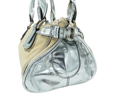 Chloe Silver Leather and Cream Linen Large Paddington Bag Chloe