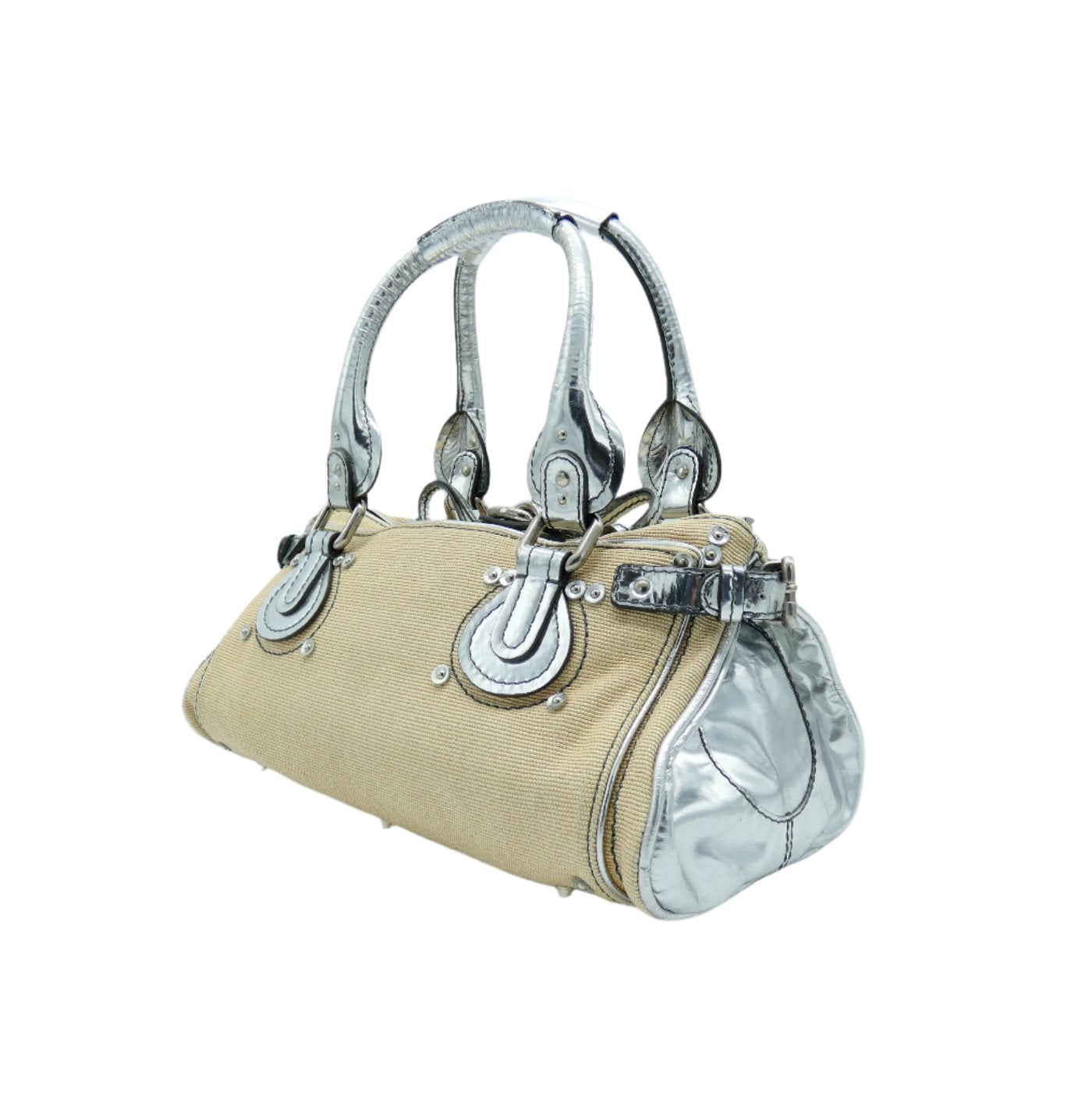 Chloe Silver Leather and Cream Linen Large Paddington Bag Chloe