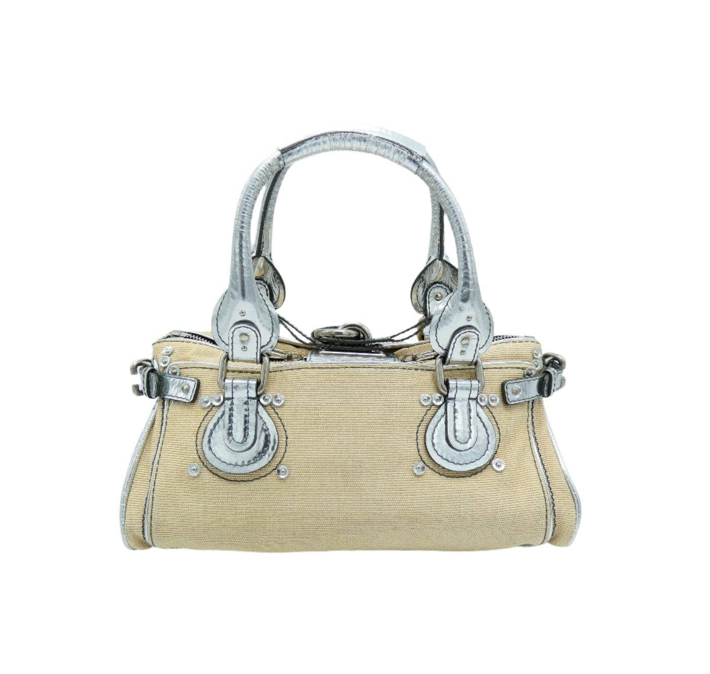 Chloe Silver Leather and Cream Linen Large Paddington Bag Chloe