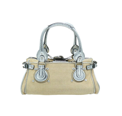 Chloe Silver Leather and Cream Linen Large Paddington Bag Chloe
