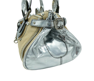 Chloe Silver Leather and Cream Linen Large Paddington Bag Chloe