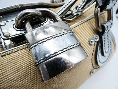 Chloe Silver Leather and Cream Linen Large Paddington Bag Chloe