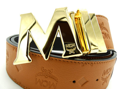 MCM Claus M Tan Leather Reversible Belt Gold Buckle Belt MCM