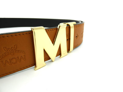 MCM Claus M Tan Leather Reversible Belt Gold Buckle Belt MCM
