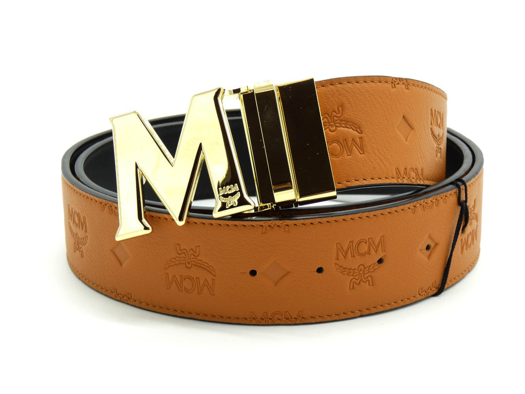 MCM Claus M Tan Leather Reversible Belt Gold Buckle Occhi Azzurri
