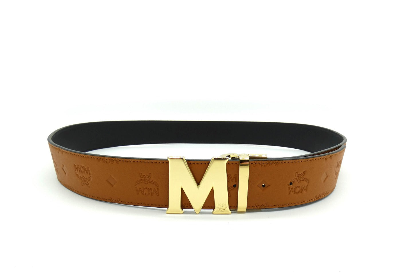 MCM Claus M Tan Leather Reversible Belt Gold Buckle Belt MCM