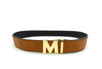 MCM Claus M Tan Leather Reversible Belt Gold Buckle Belt MCM