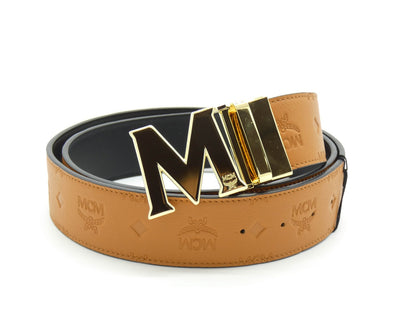 MCM Claus M Tan Leather Reversible Belt Gold Buckle Belt MCM