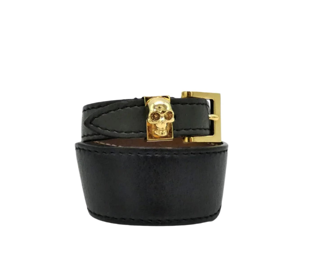 Alexander McQueen Gold Skull Buckle McQueen // Black & Gold Leather Skull Wrap Bracelet – VSP  main image 4