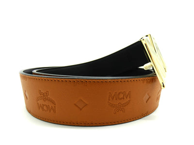 MCM Claus M Tan Leather Reversible Belt Gold Buckle Belt MCM