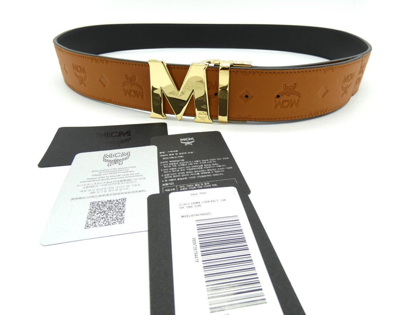 MCM Claus M Tan Leather Reversible Belt Gold Buckle Belt MCM