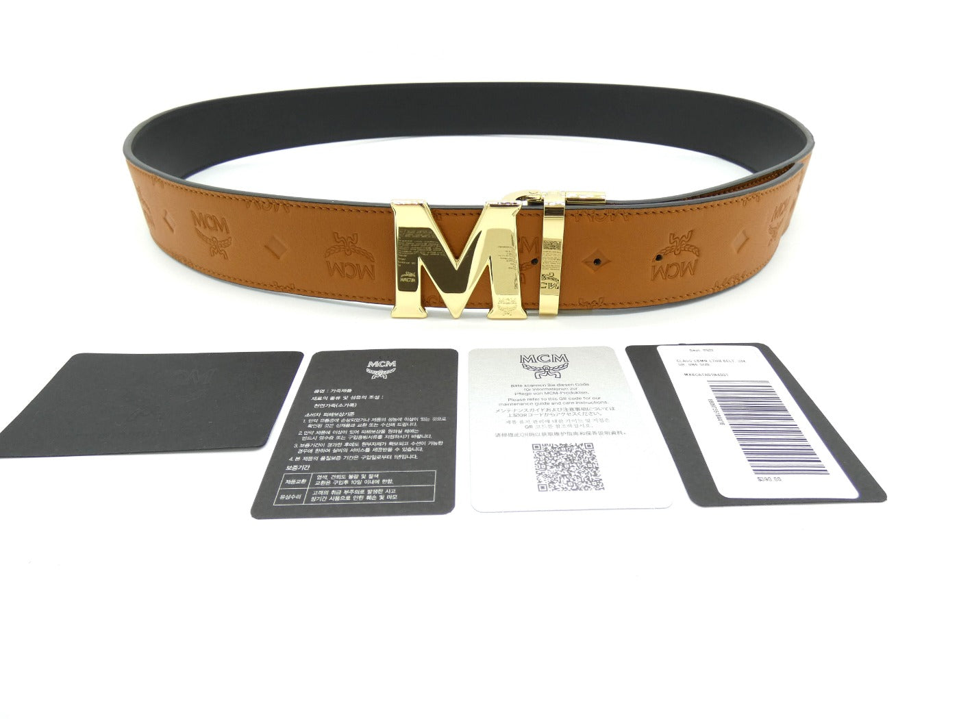 MCM Claus M Tan Leather Reversible Belt Gold Buckle Belt MCM