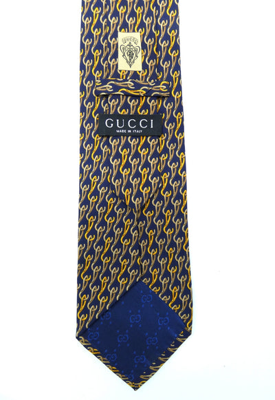 Gucci Vintage Blue and Gold Hook Graphic Silk Tie Ties Gucci
