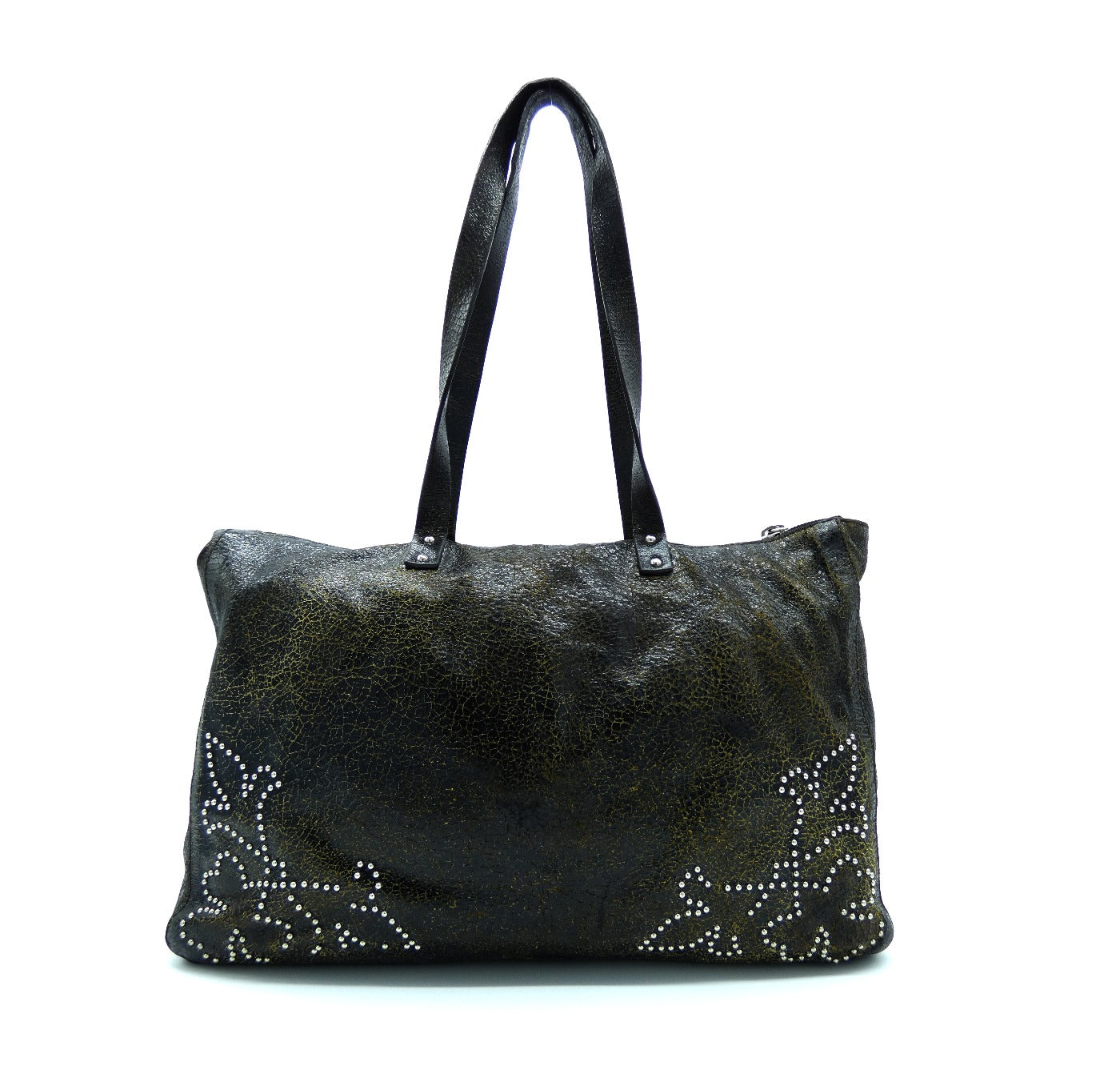 Miu Miu Dark Brown Crackled Leather Studded Tote – Occhi Azzurri