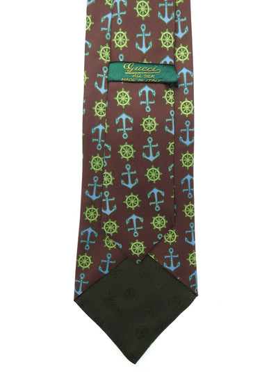 Gucci Vintage Brown Blue and Green Nautical Graphic Silk Tie Ties Gucci