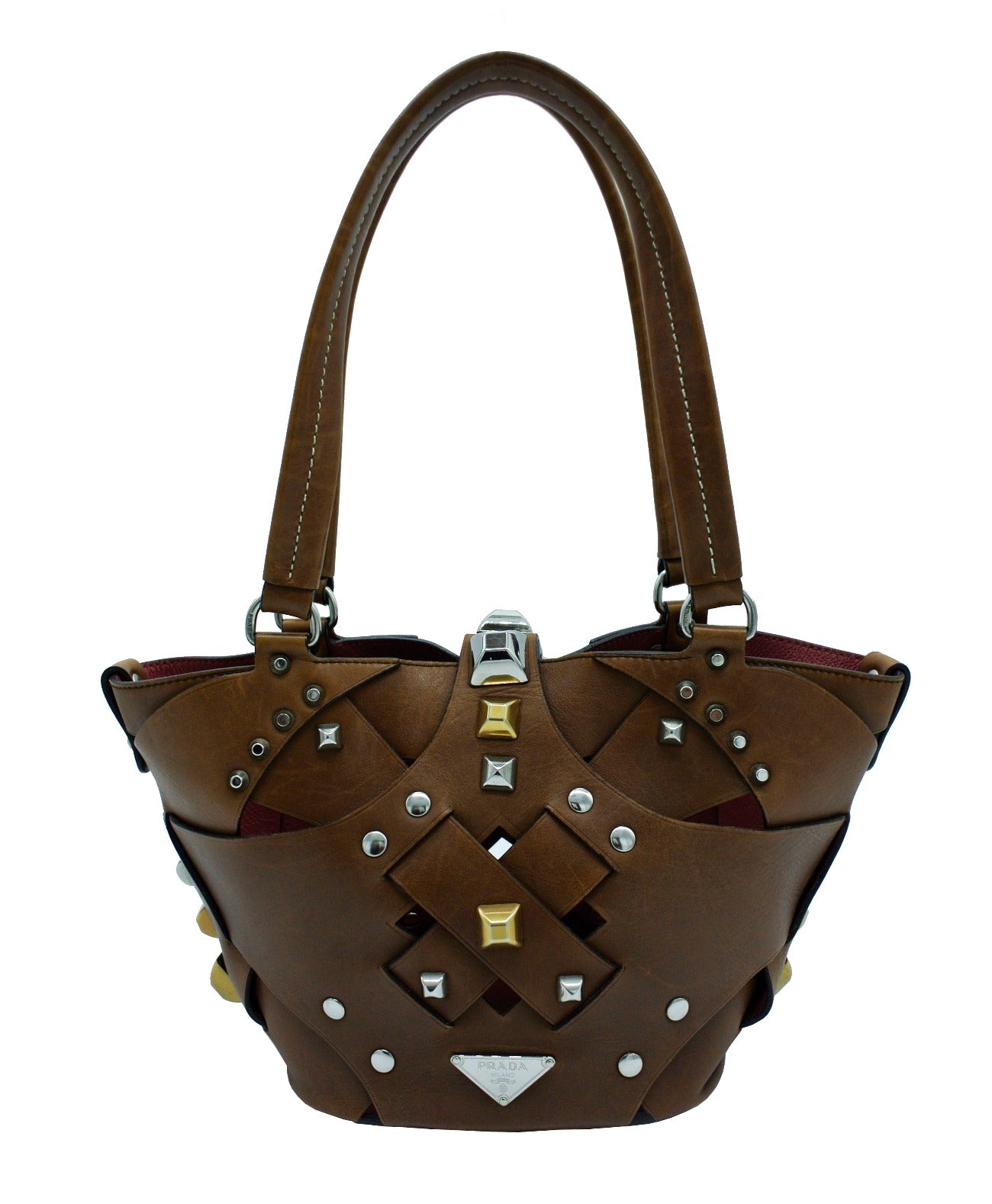 Prada Dark Brown Leather Lattice Handbag Bag Prada