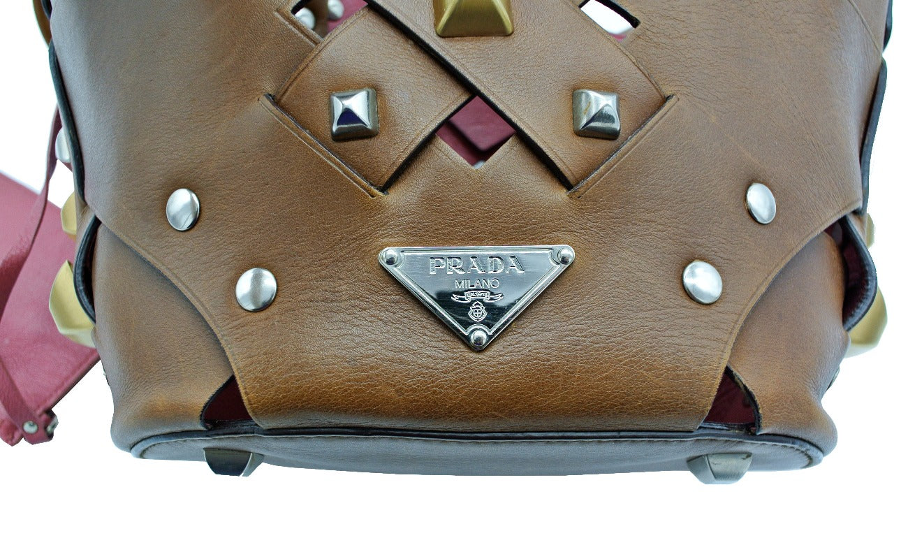 Prada Brown Woven Leather Studded Lattice Tote Prada