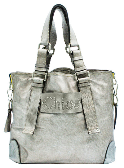 Chloe Silver Leather Logo Tote Bag Chloe