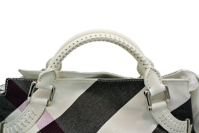 Burberry White Leather Trimmed Exploded Nova Check Satchel Bag Burberry
