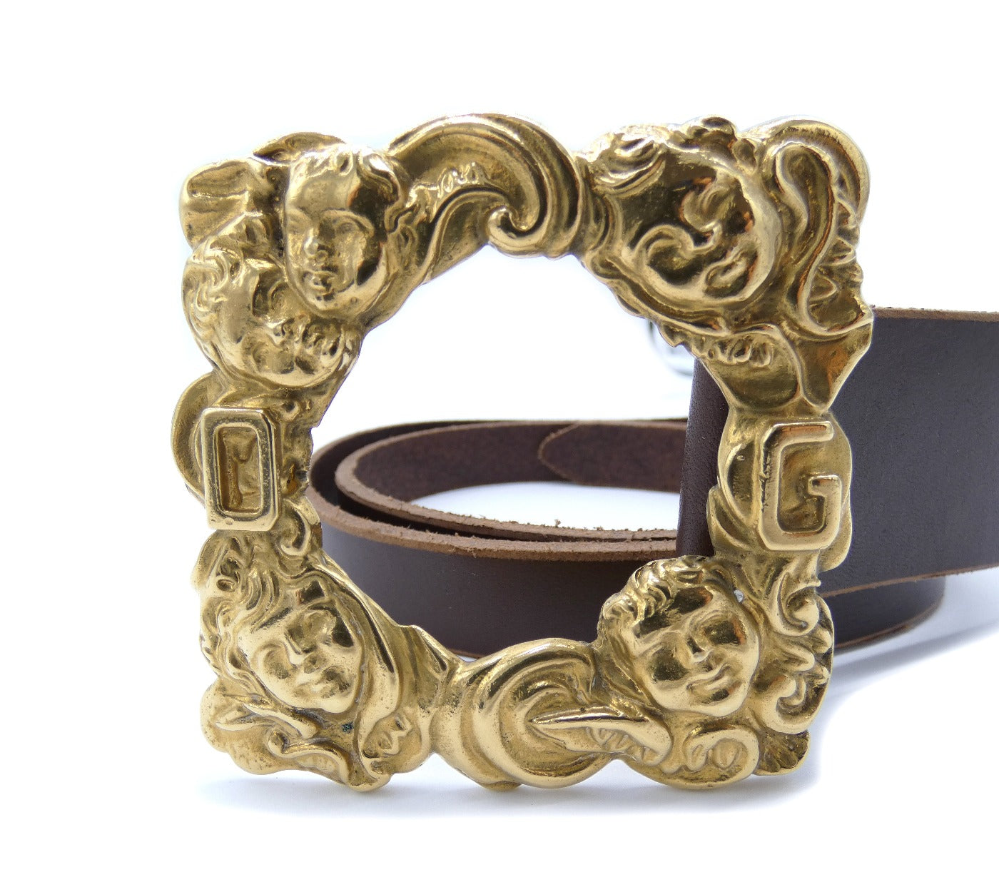 Dolce & Gabbana Brown Leather Gold Cherub Buckle Belt Belt Dolce & Gabbana