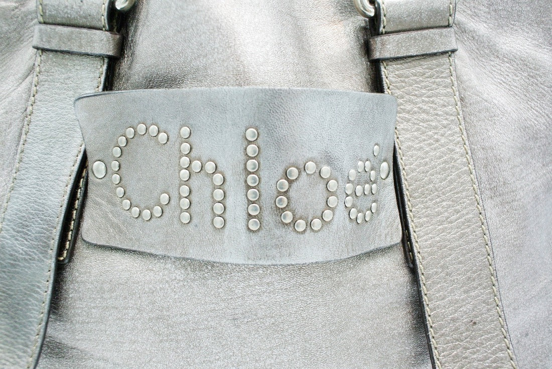Chloe Silver Leather Logo Tote Bag Chloe