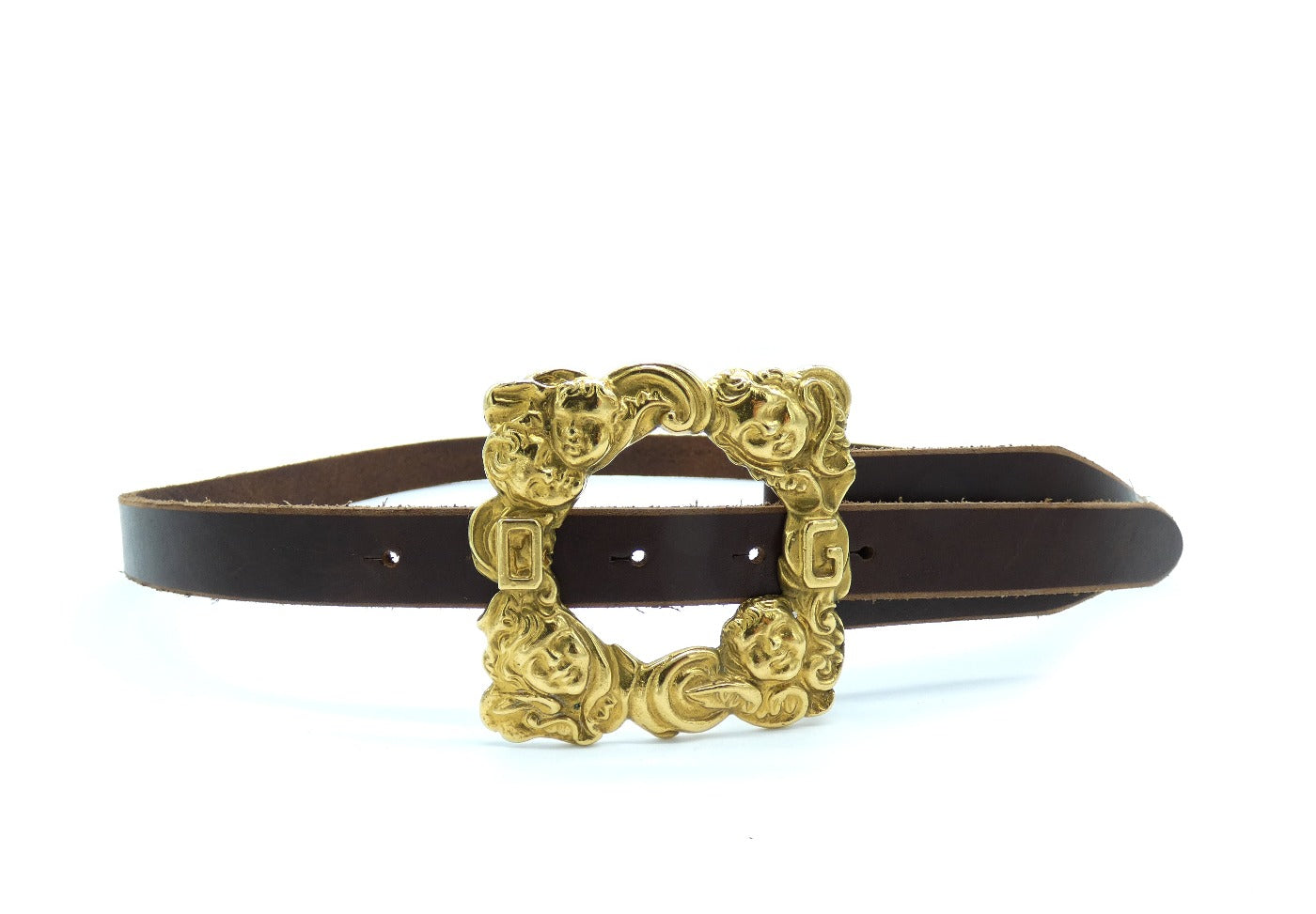Dolce & Gabbana Brown Leather Gold Cherub Buckle Belt Belt Dolce & Gabbana