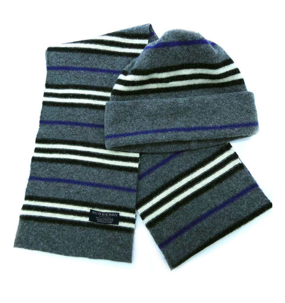Burberry Lambswool Icon Stripe Grey Hat and Scarf Set  display picture 1