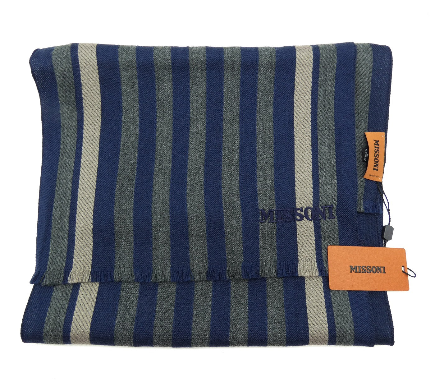 Missoni Navy, Taupe and Grey Stripe Wool Scarf Scarf Missoni