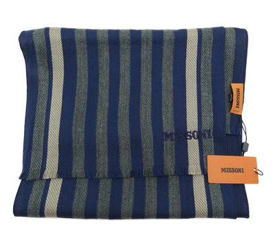 Missoni Navy, Taupe and Grey Stripe Wool Scarf Scarf Missoni