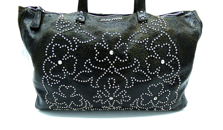 Miu Miu Dark Brown Crackled Leather Studded Tote – Occhi Azzurri