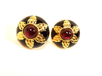 Fendi Vintage Red Stone and Black Enamel Clip Earrings Earrings Fendi