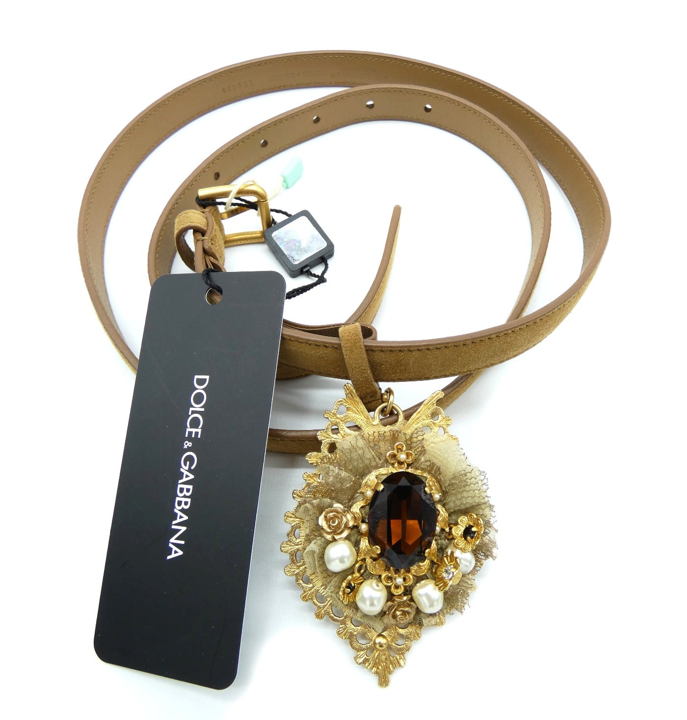 Dolce & Gabbana Tan Suede Crystal Charm Belt Belt Dolce & Gabbana