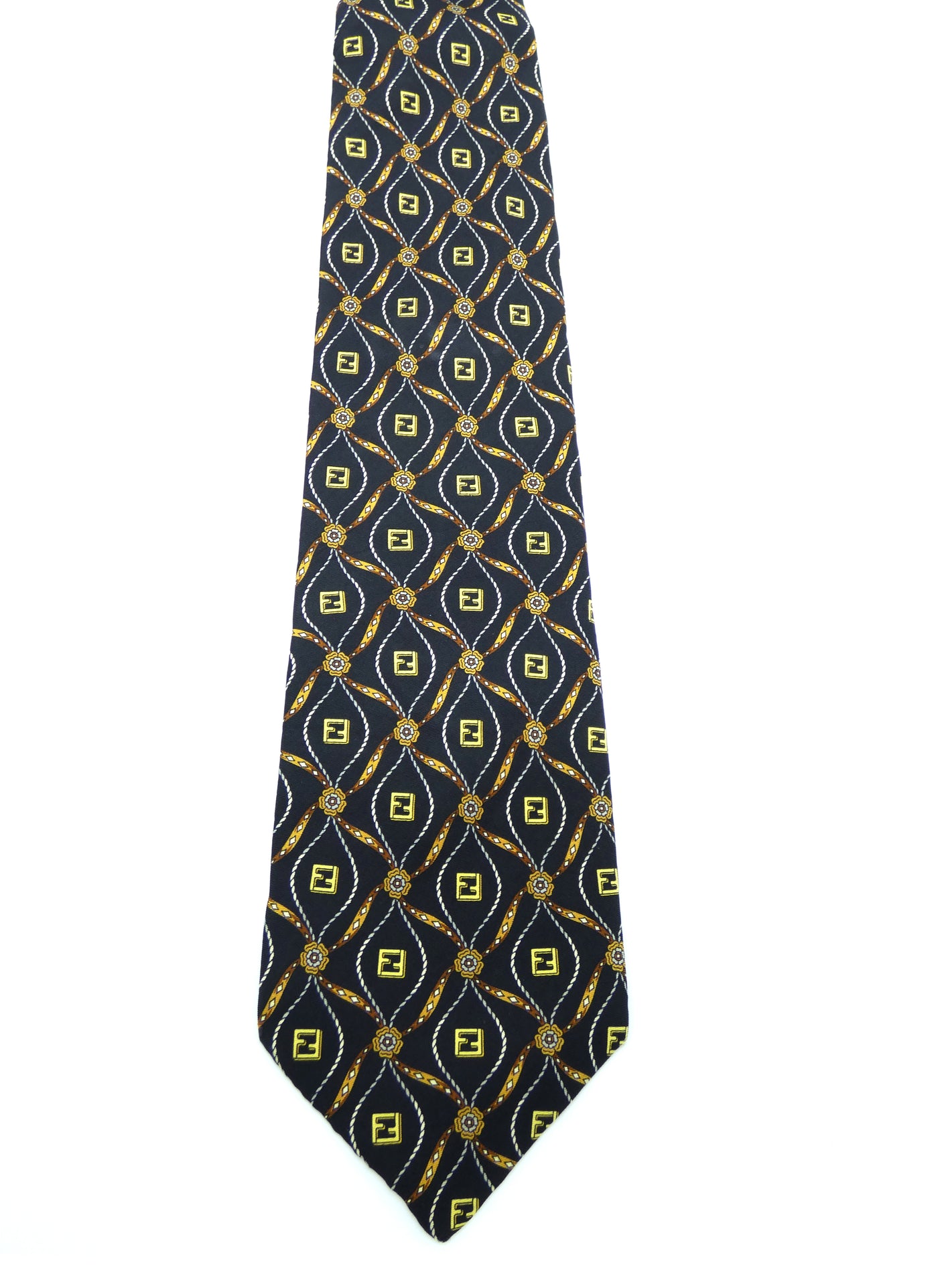 Fendi Vintage Graphic Navy and Gold Graphic Silk Tie Ties Fendi
