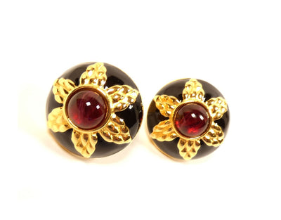 Fendi Vintage Red Stone and Black Enamel Clip Earrings Earrings Fendi