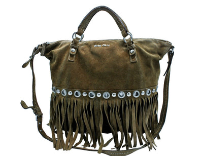 Miu Miu Vintage Brown Suede Fringed Large Tote Bag Miu Miu