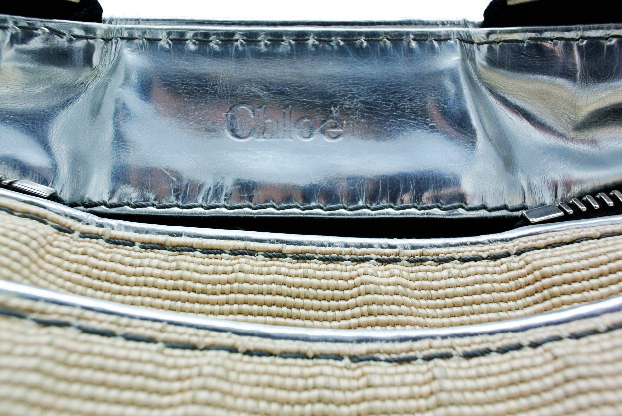 Chloe Silver Leather and Cream Linen Large Paddington Bag Chloe