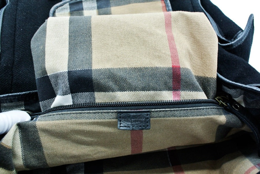 Burberry Vintage Black Leather and Wool Backpack Bag, Backpack Burberry