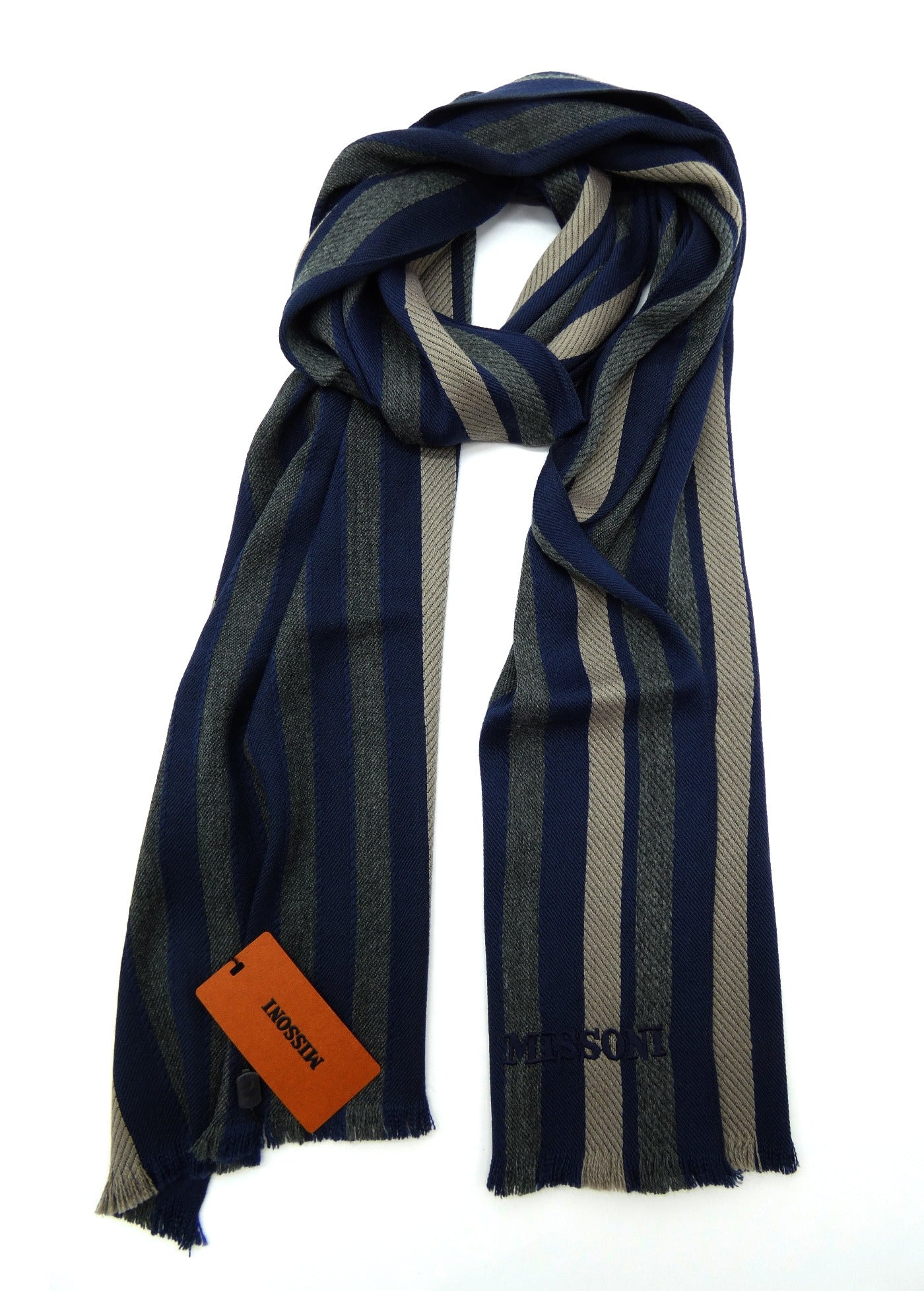 Missoni Navy, Taupe and Grey Stripe Wool Scarf Scarf Missoni