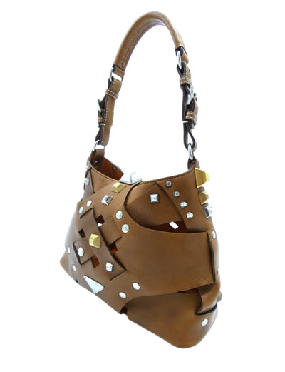 Prada Brown Leather Lattice Handbag Bag Prada