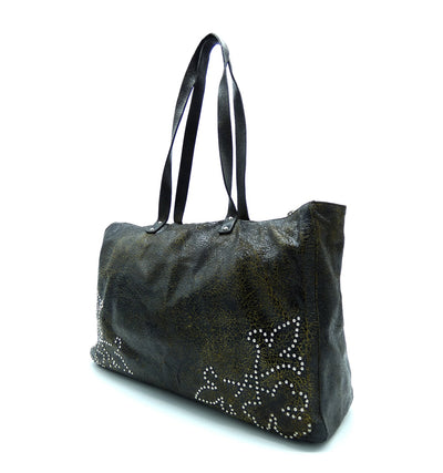 Miu Miu Dark Brown Crackled Leather Studded Tote Bag Miu Miu